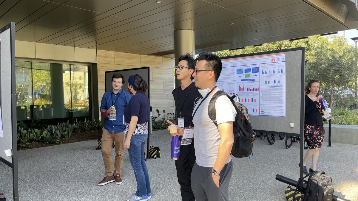 Students looking at posters on poster boards outside