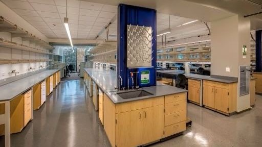 Lab space with grey counter tops, open upper shelving and light wood lower cabinets.