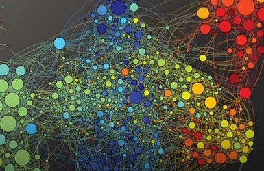 Artists depiction of memories, bundles of colored circles connected with lines