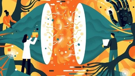 Illustration of scientists working with a huge brain neuron