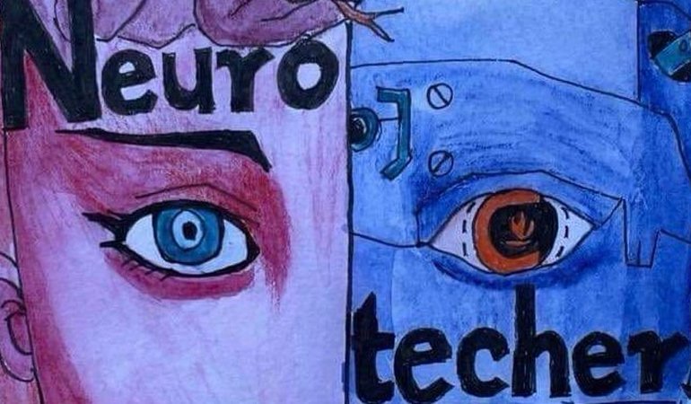 A color drawing saying Neurotechers with a female human face on one half and a cyborg on the other half