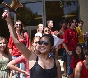 A group of students outside of Beckman Auditorium