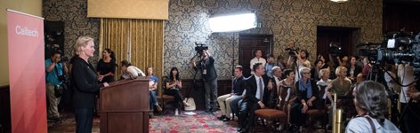 A  photo of Frances Arnold at the Nobel Prize press conference at Caltech