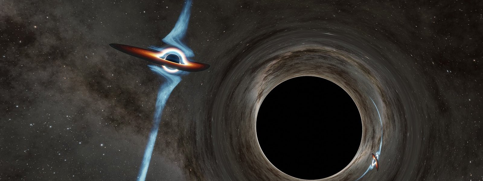 An artist's illustration of two supermassive black holes