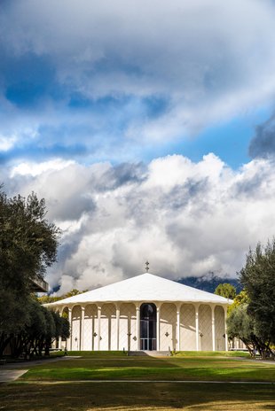 Image of Beckman Auditorium from a distance.