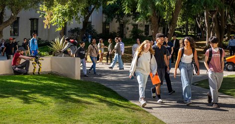 Caltech students walking across campus