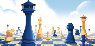 chess pieces on board with clouds above