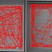 Left: Red lines crisscross a square evenly. Right: Red lines are mostly clustered at the four walls of the square.