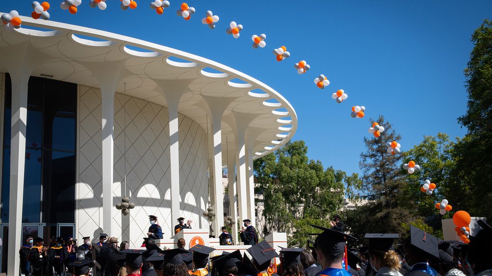 Balloons over Beckman Auditorium during October 2021 commencement.