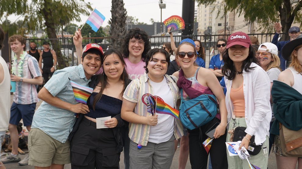 A group of Caltech undergraduates attending the parade cheered for their friends on the float.