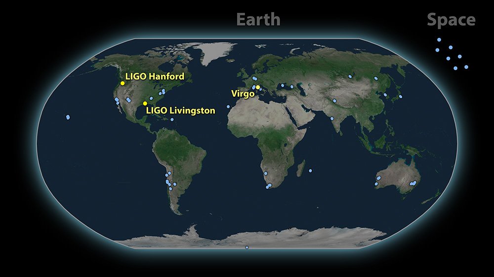 Map of the approximately 70 light-based observatoriesthat detected the gravitational-wave event called GW170817.