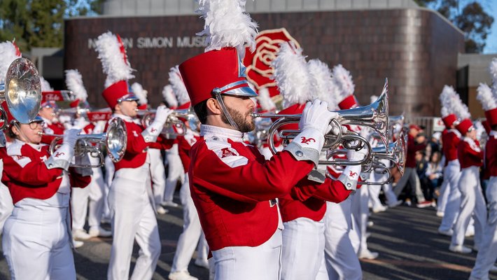A marching band participating in the Rose Parade