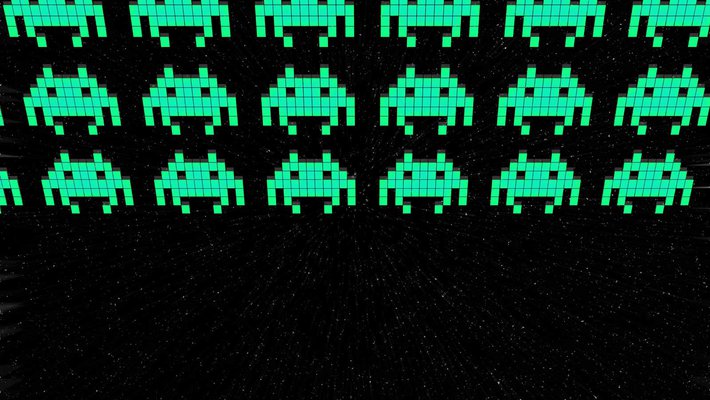 Rows of small pixelated "space aliens"
