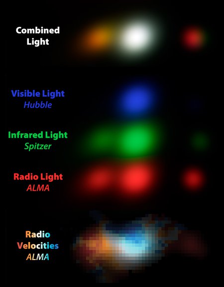 Composite image of merging galaxies as seen in multiple wavelengths.