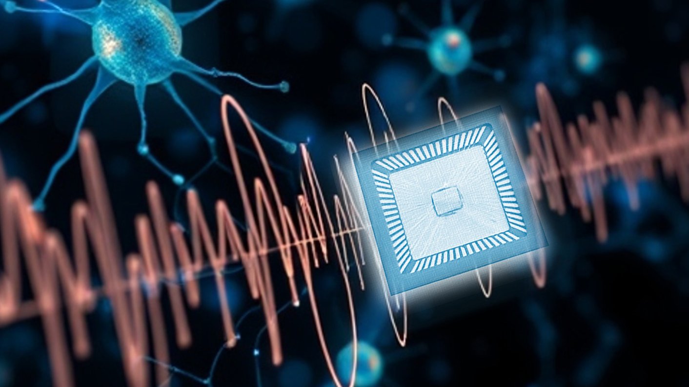 An impressionistic illustration of a brain-machine interface. On a dark background are shown blue glial cells, and orange electrical wave pattern, and an implant that allows communication between neurons and an external computer.
