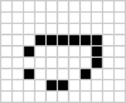 A pixelated structure slowly travels along a grid as it oscillates between forms.