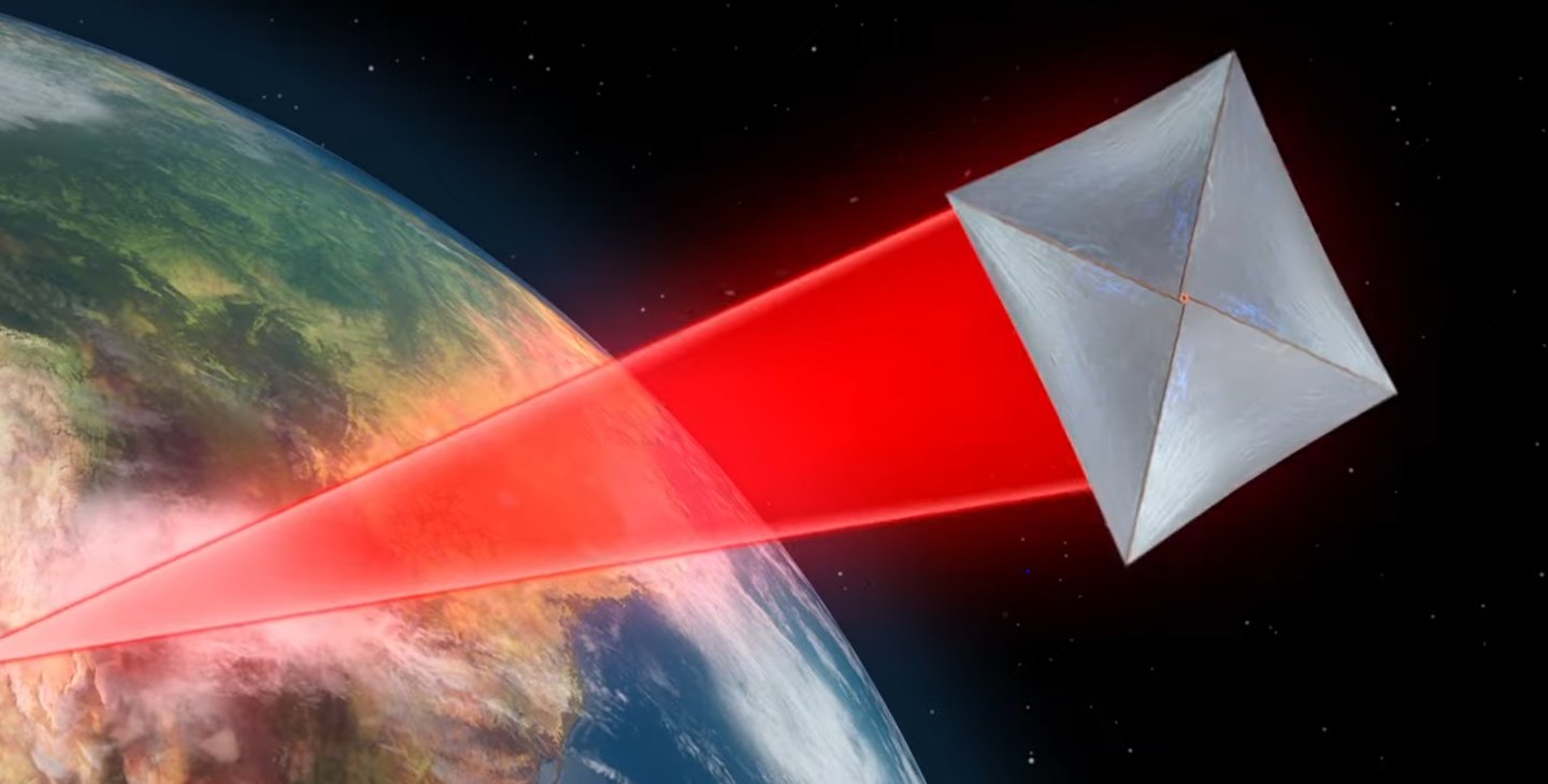 An artist's rendering showing a gray or silver square sail being pushed through space by a red laser beam. Earth is in the background.