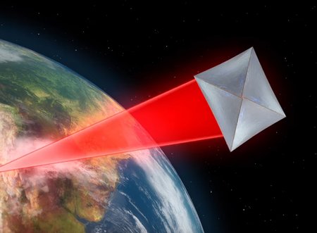 An artist's rendering showing a gray or silver square sail being pushed through space by a red laser beam. Earth is in the background.