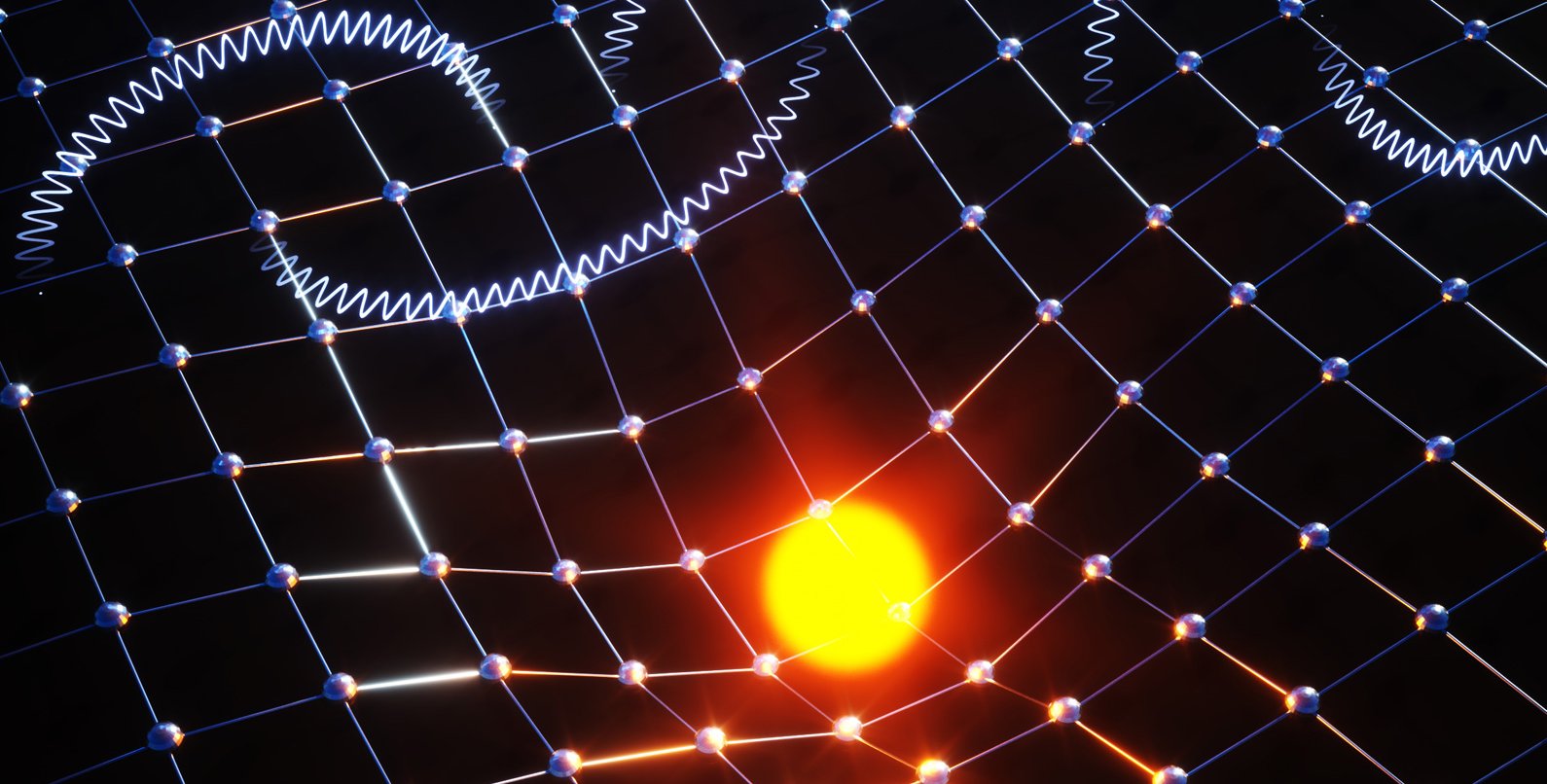a central bright sphere distorting an atomic lattice on a dark background. Arching wavy lines above represent Feynman diagrams for electron-phonon interactions.