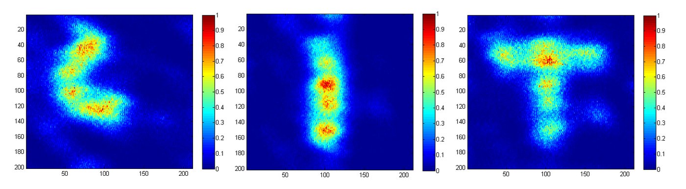 Projections of the letters "CIT" made with the optical phased array (OPA) chip. The projections were made in infrared light.