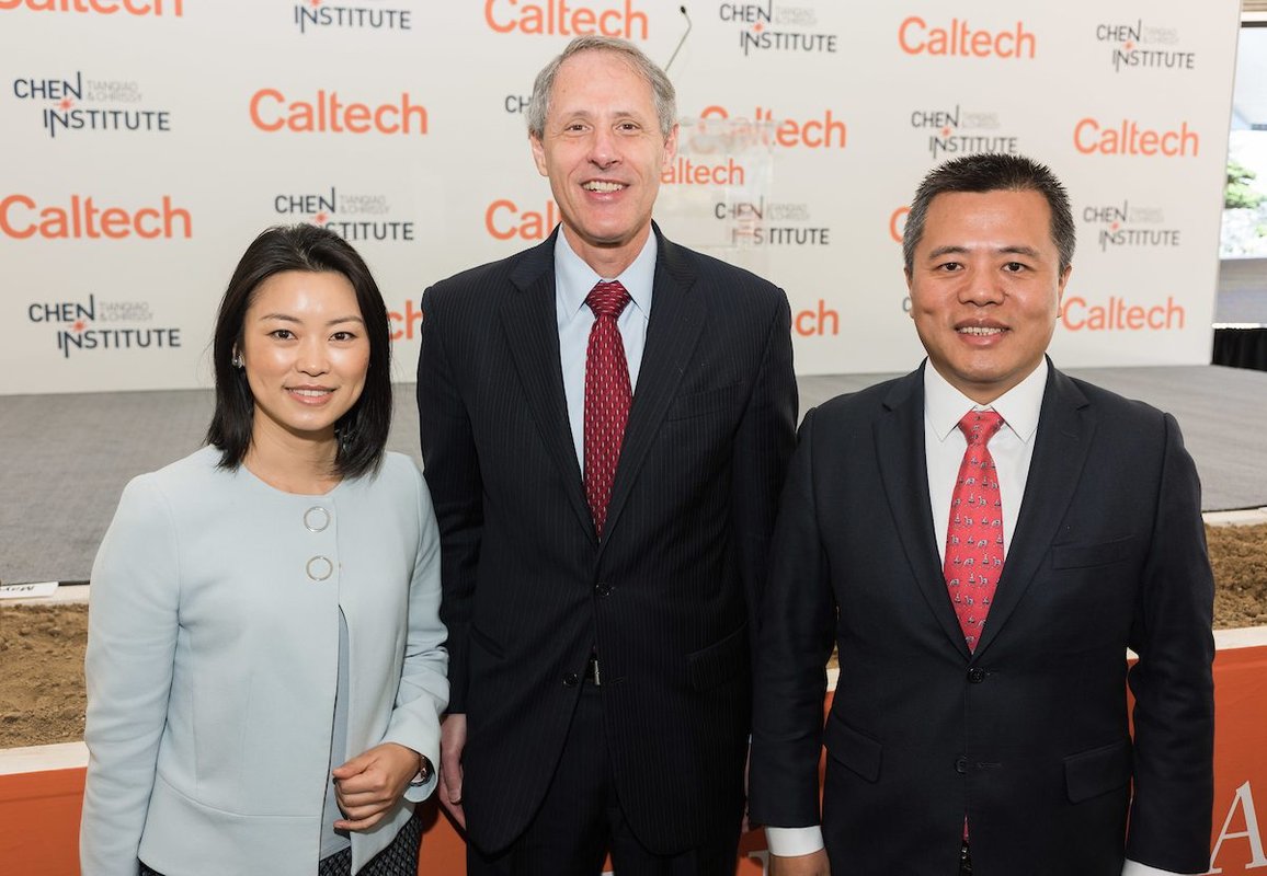 Chrissy Luo, Caltech President Thomas F. Rosenbaum, and Tianqiao Chen