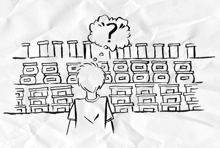 A cartoon sketch of a man standing confused in front of shelves with many items.