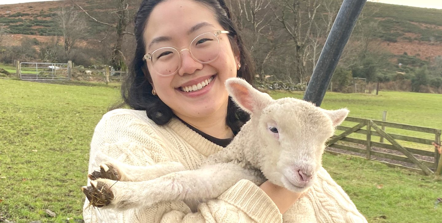 Young woman in white sweater and black pants holds a sheep.