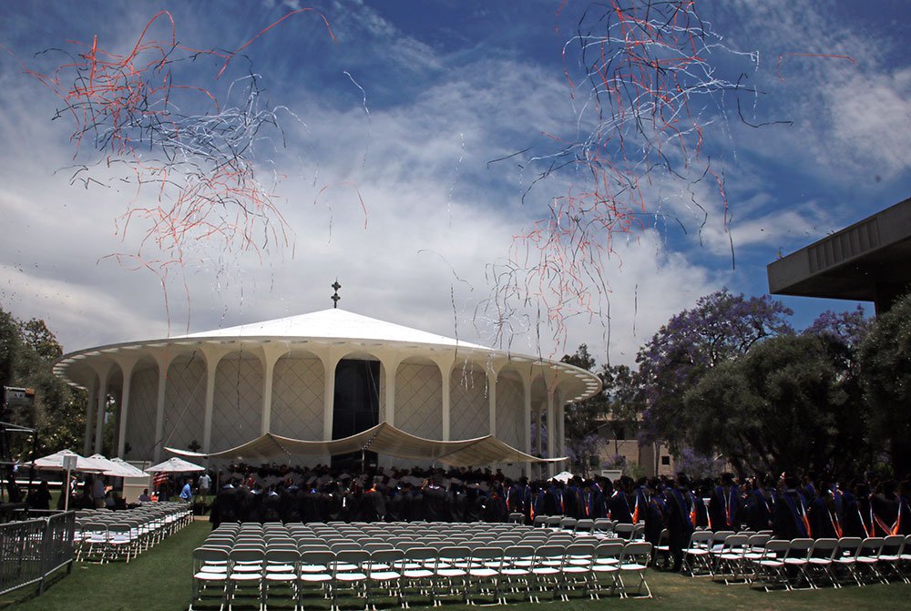 photo of confetti over Beckman Mall at Commencement