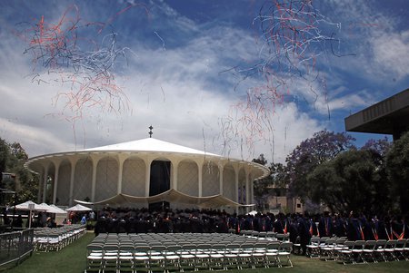 photo of confetti over Beckman Mall at Commencement