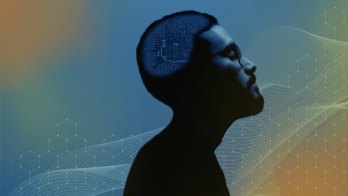 computer chip shown through circuitry within a man's brain