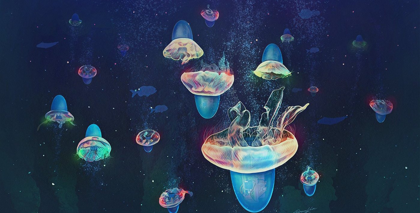 An artistic rendering of jellyfish swimming with streamlined caps on their bells.
