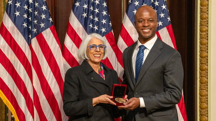 Caltech's John Dabiri receives the National Medal of Science from Arati Prabhakar, director of the White House Office of Science and Technology Policy (OSTP)