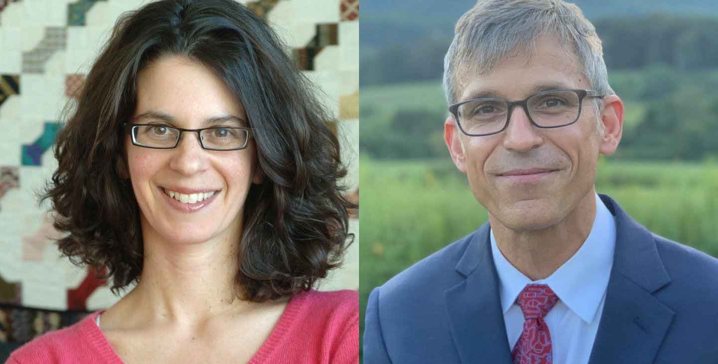 A diptych portrait of Dianne Newman (on the left) and Jonas Peters (on the right).