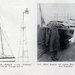 A drawing of Albert Einstein's cherished boat Tümmler, next to a photo of Einstein with the boat.