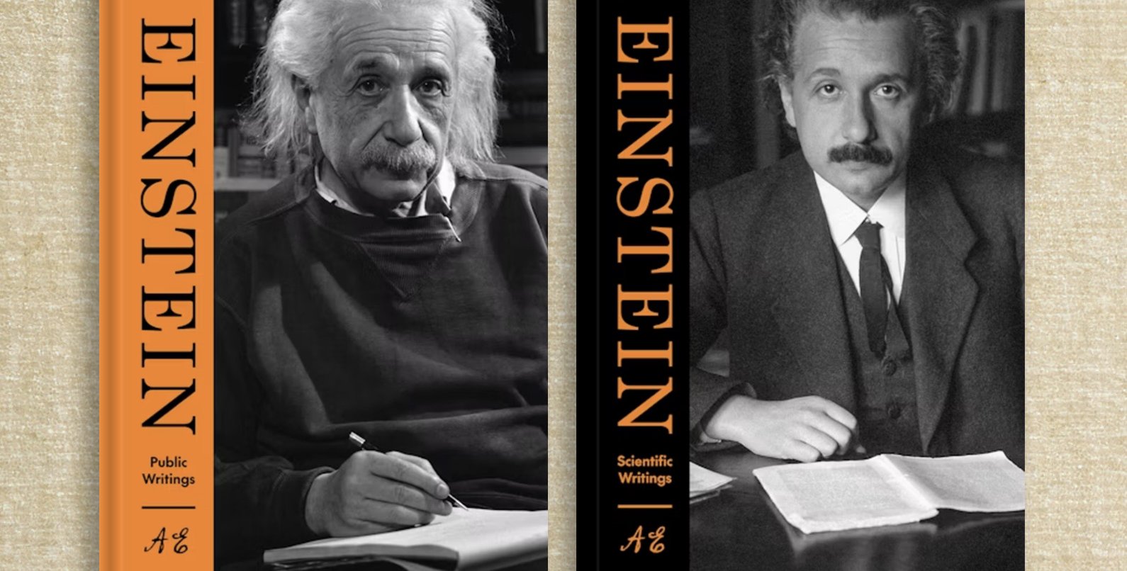 book jackets for the Essential Einstein, scientific writings and public writings. Each volume has a picture of Einstein on the cover.