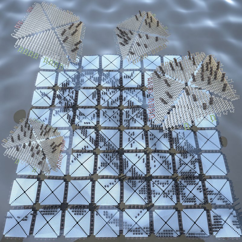Conceptual illustration of DNA origami tiles self-assembling into a life-size portrait of a bacterium.
