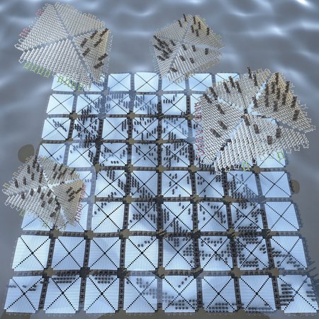 Conceptual illustration of DNA origami tiles self-assembling into a life-size portrait of a bacterium.