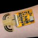 A thin U=shaped device worn on the wrist to detect substances in sweat, with an attached board of computer circuits.