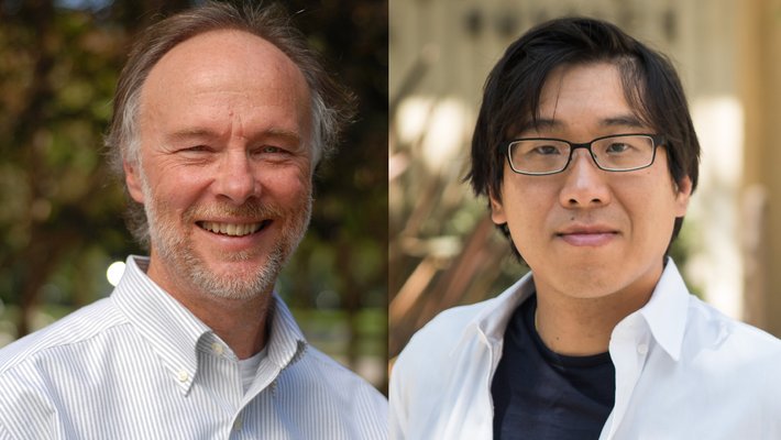 Portraits of Douglas Rees and Garnet Chan are side by side. Both men are outdoors and wearing white shirts.