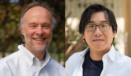 Portraits of Douglas Rees and Garnet Chan are side by side. Both men are outdoors and wearing white shirts.