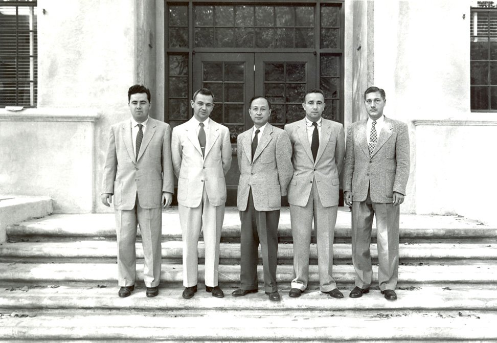 Frank Marble (second from left) and Tsien Hsue-Shen (center) in October, 1954.