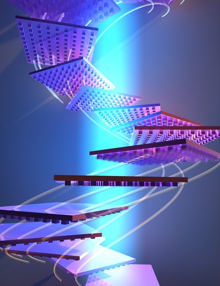 Conceptual illustration of a nano-patterned object reorienting itself to remain in a beam of light.