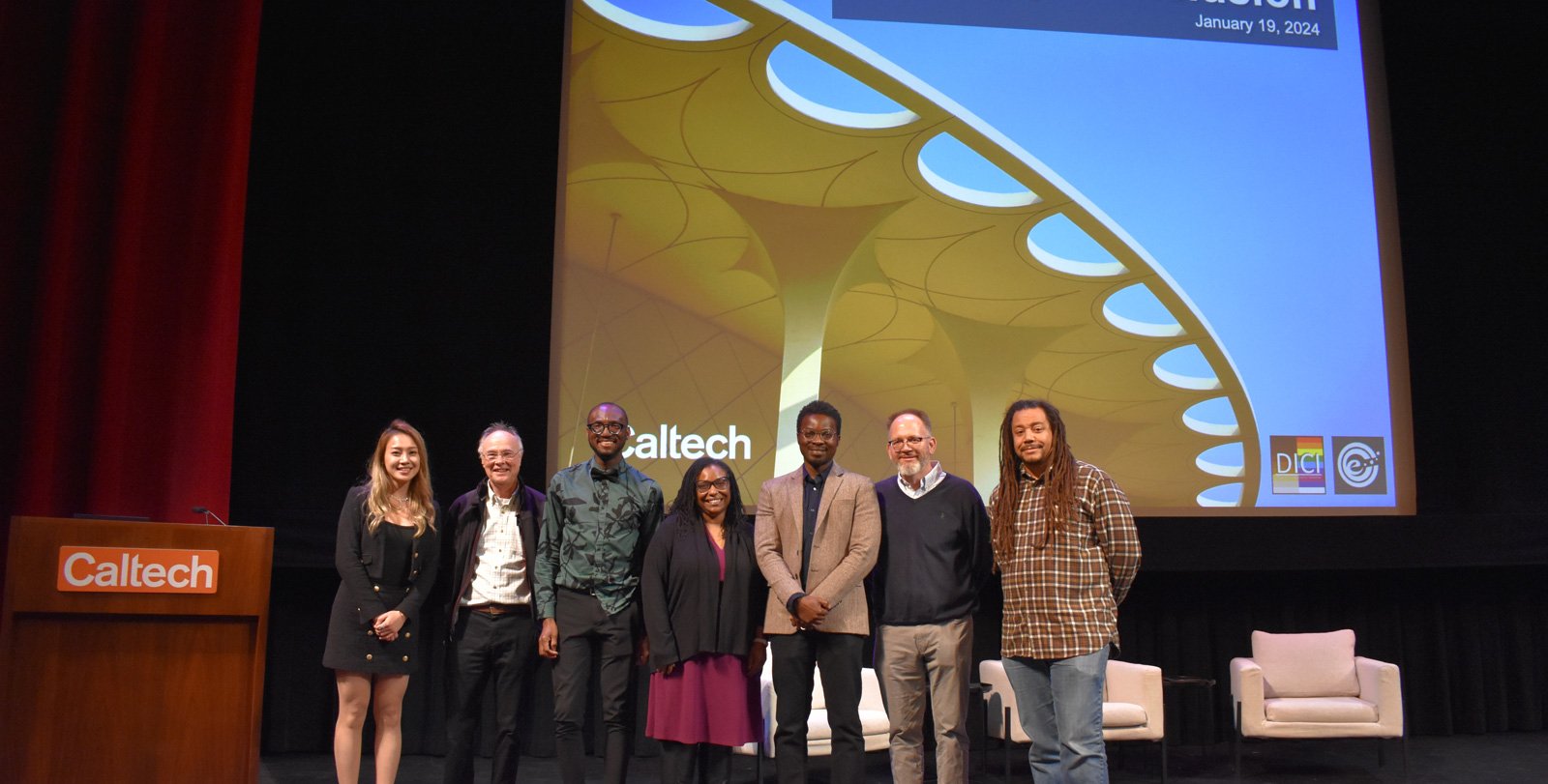 L-R: Melinda Chan, Doug Rees, André Isaacs, Lindsey Malcom-Piqueux, Richmond Sarpong, Brian Stoltz, and William Clemons