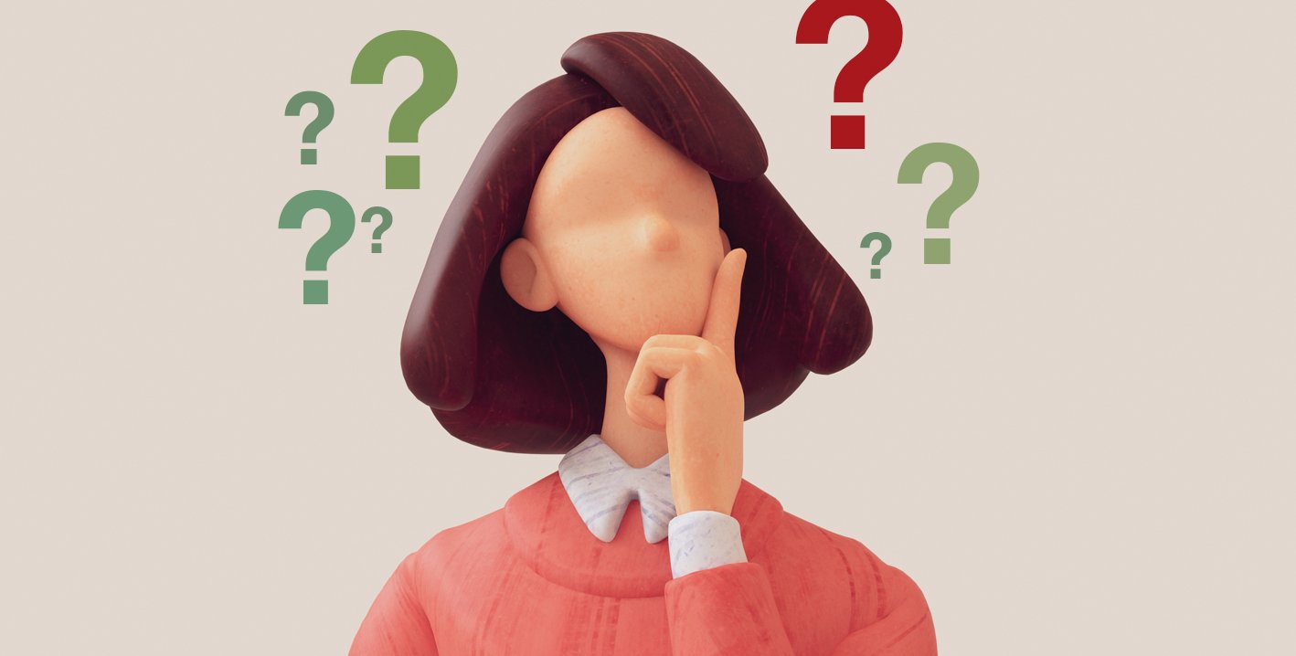 An artist's cartoon of a woman thinking with question marks floating around her head.