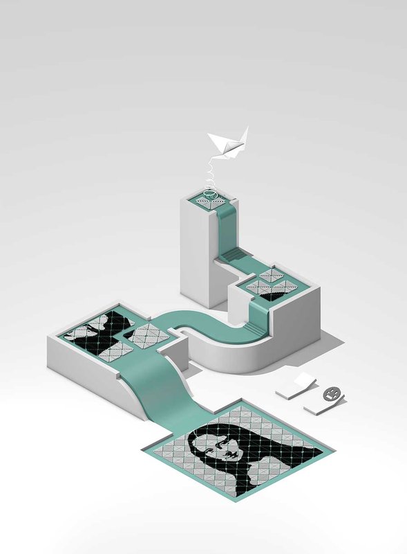 Artistic interpretation of a three-step “fractal assembly” of the Mona Lisa from DNA origami tiles.