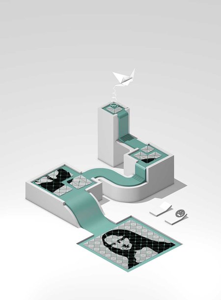 Artistic interpretation of a three-step “fractal assembly” of the Mona Lisa from DNA origami tiles.