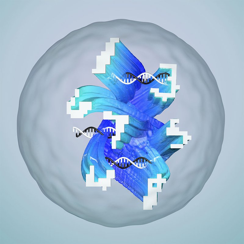Conceptual illustration of a droplet containing an artificial neural network made of DNA that has been designed to recognize complex and noisy molecular information, represented as 'molecular handwriting.'