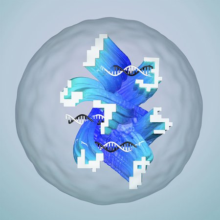 Conceptual illustration of a droplet containing an artificial neural network made of DNA that has been designed to recognize complex and noisy molecular information, represented as 'molecular handwriting.'