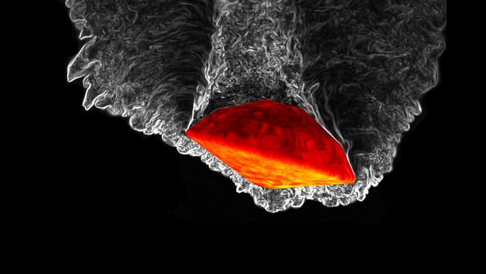 a space capsule shown lit up in orangish red is pushing downward through a tide of grayish swirls on a black background