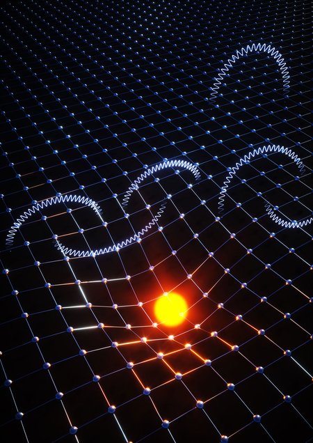 a central bright sphere distorting an atomic lattice on a dark background. Arching wavy lines above represent Feynman diagrams for electron-phonon interactions.